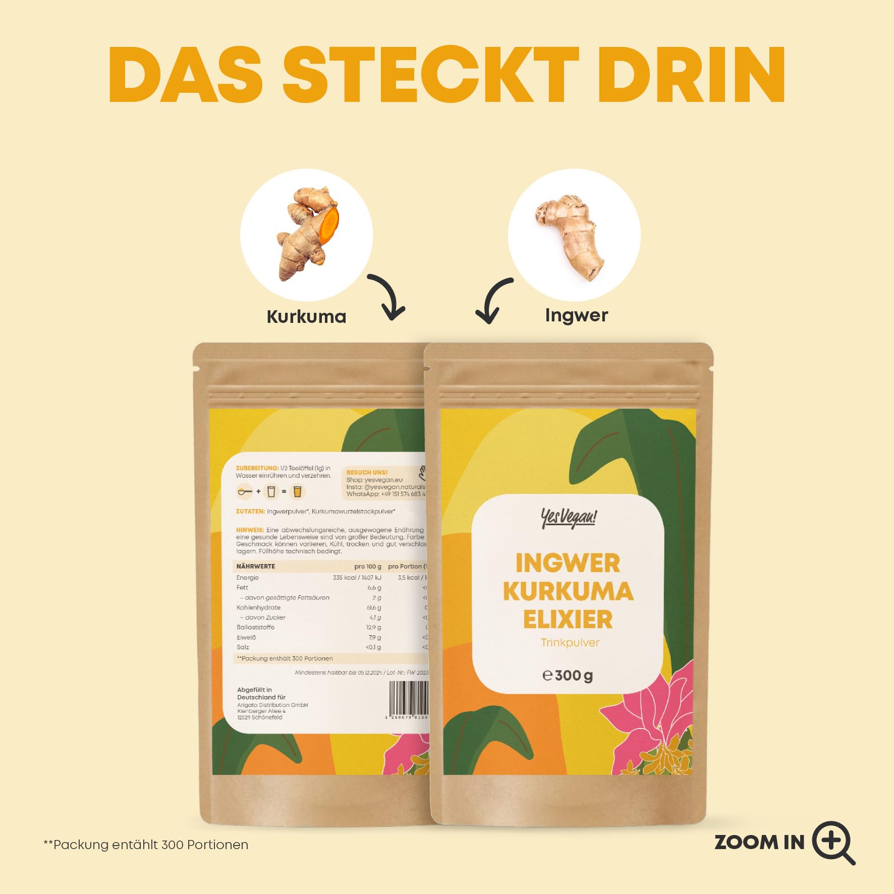 Ingwer Shot mit Kurkuma - (300 g = 300 Portionen) - Immun Boost hochdosiert I Ingwer Kurkuma Shot Pulver (6 x 300g)
