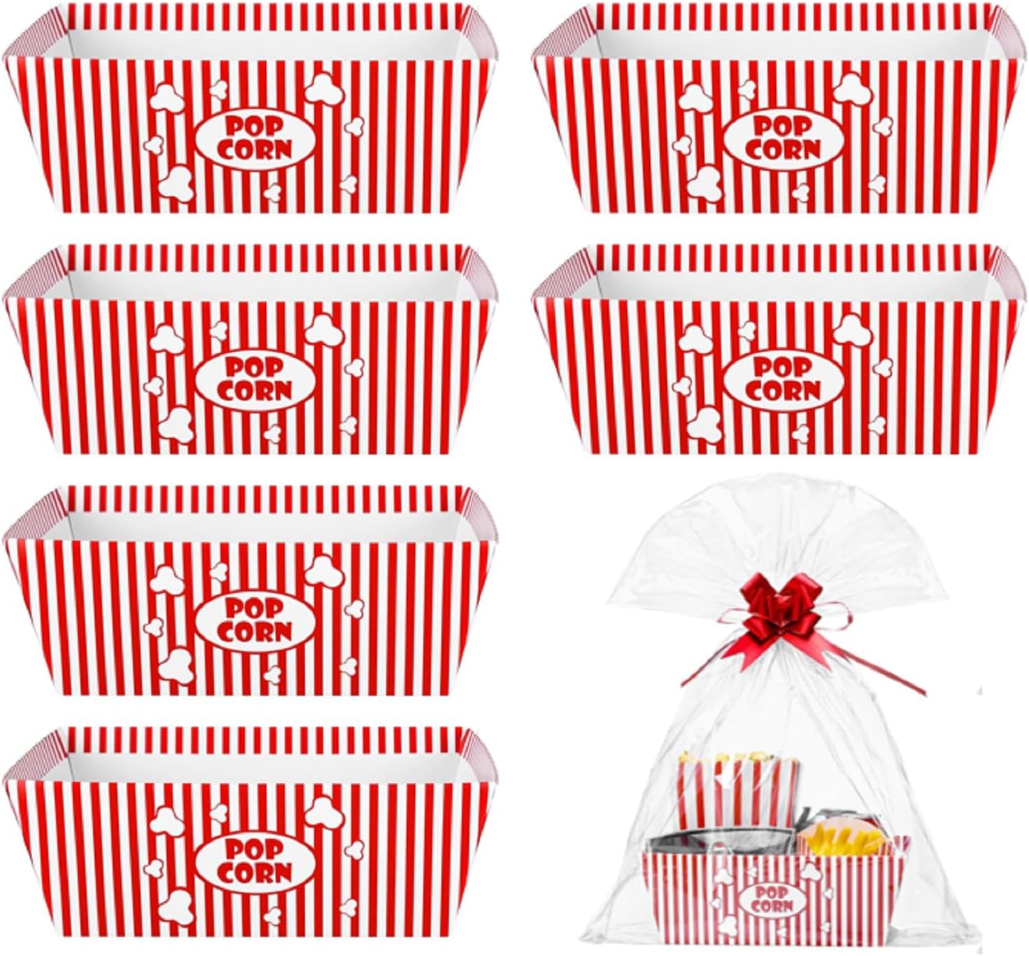 Gueevin 12 Pack Movie Night Gift Basket Set 8x10inch Popcorn Baskets for Gifts Empty to Fill with Bags Pull Bows for Movie Night Party Supplies