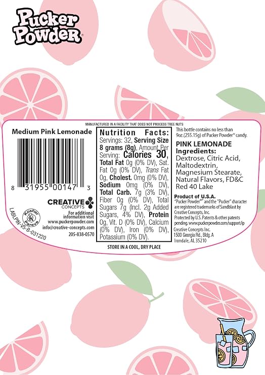 Pucker Powder Sour Pink Lemonade,Party Favors - Weddings - Receptions - Bridal and Baby Showers - Birthdays - Toppings - Decorations, 9.5oz: - 1 Ct