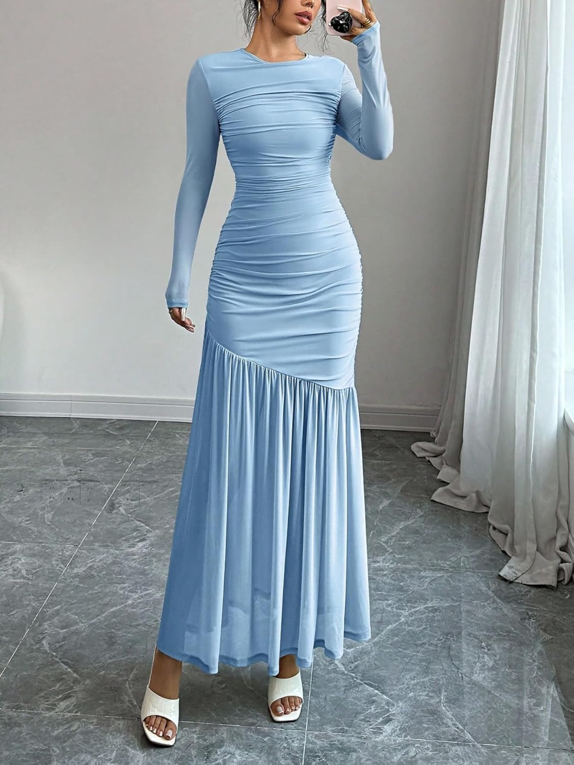 LIGHT DOT Women's Formal Bodycon Maxi Dress Long Sleeve Mesh Ruched Cocktail Prom Dress