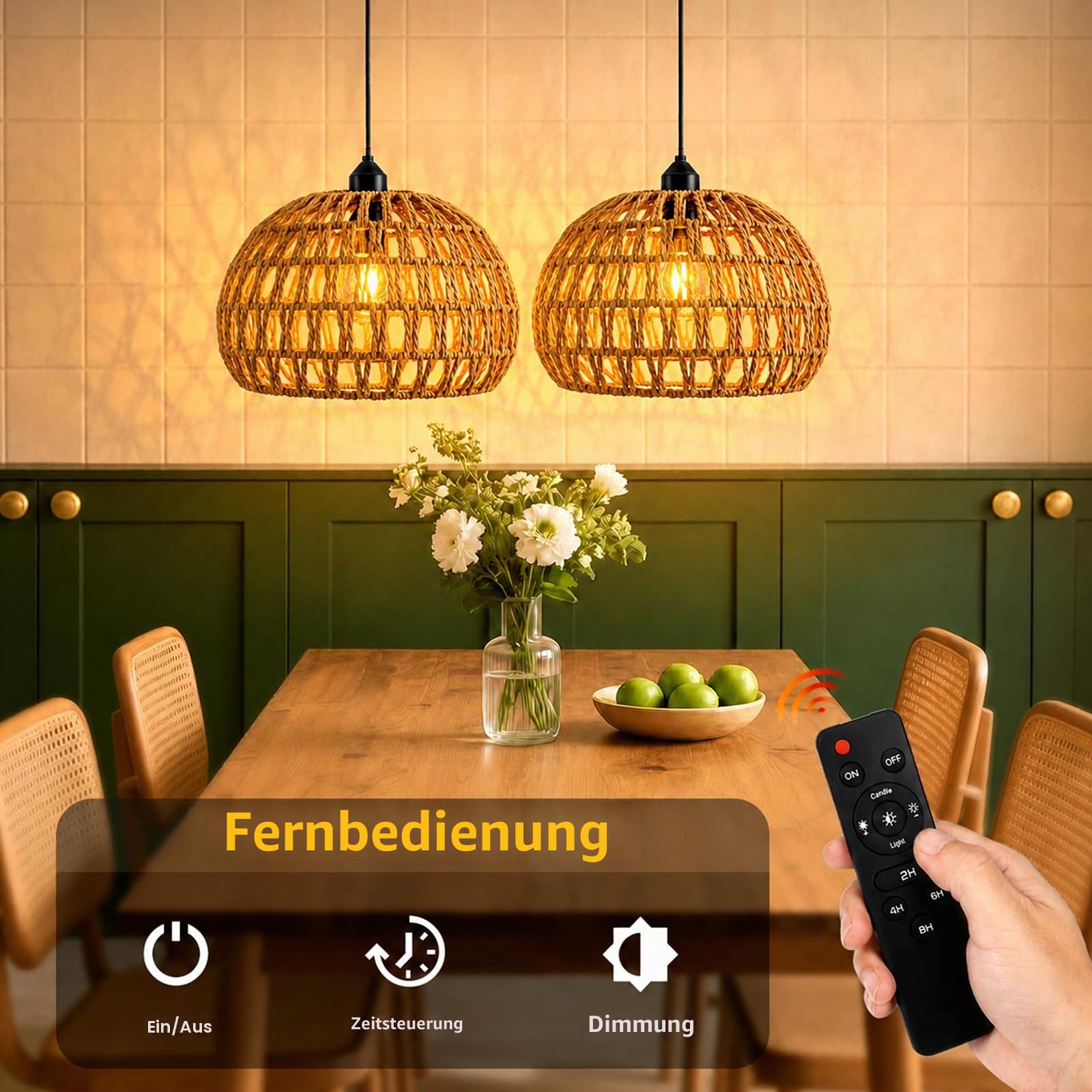 Rattan Hängelampe 2pcs, E27 Retro Pendelleuchte mit Dimmbar Schalter, Vintage akku Hängelampe, Boho Lampe, Indoor/Outdoor Hängeleuchte für Schlafzimmer Foyer Balkon