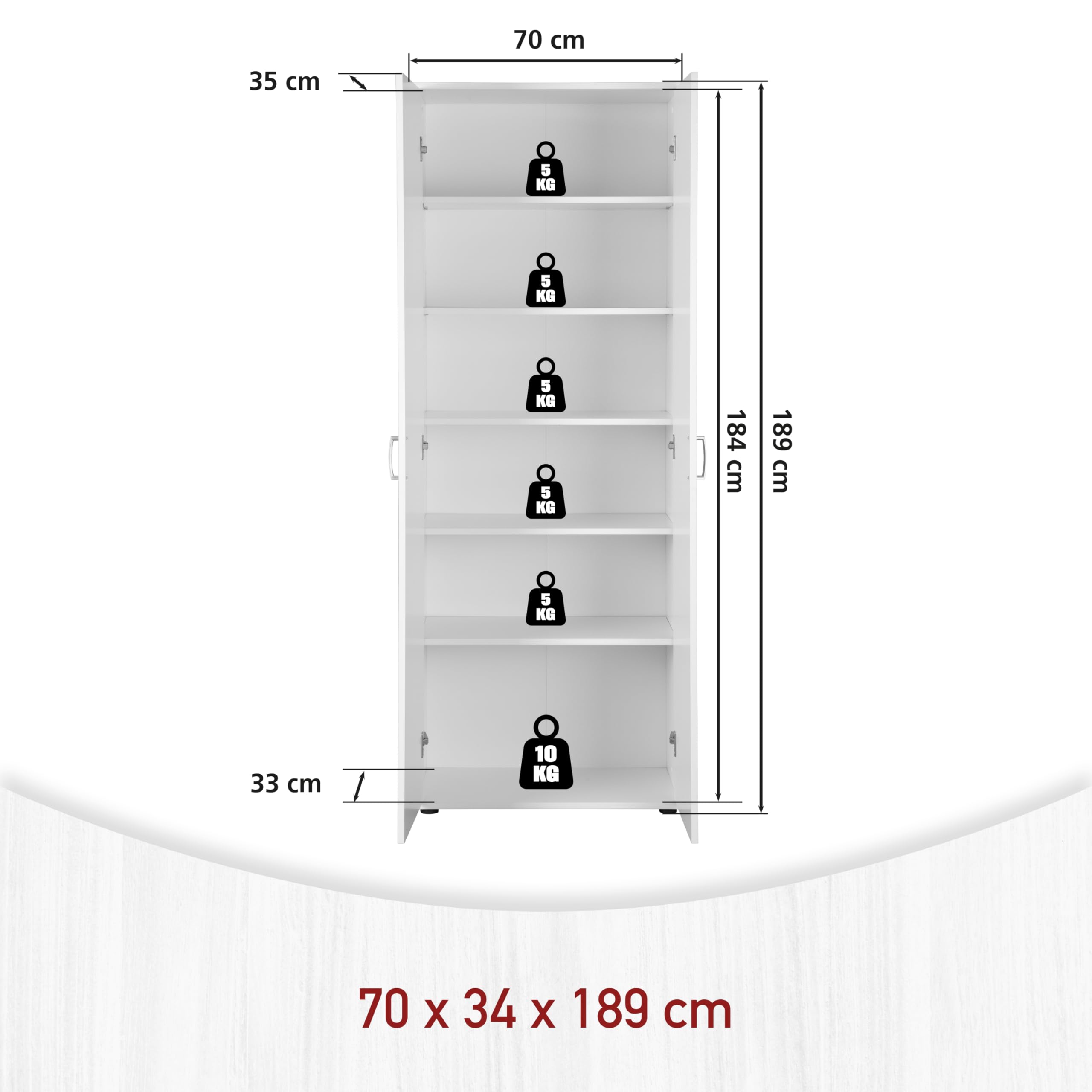 Inter Link – Mehrzweckschrank – Aktenschrank – Allzweckschrank – 2 Türen – Breite:70cm – Tiefe: 34 cm – Höhe: 190 cm – inkl. 5 Einlageböden – Melaminbeschichtet – Arconati – Weiß