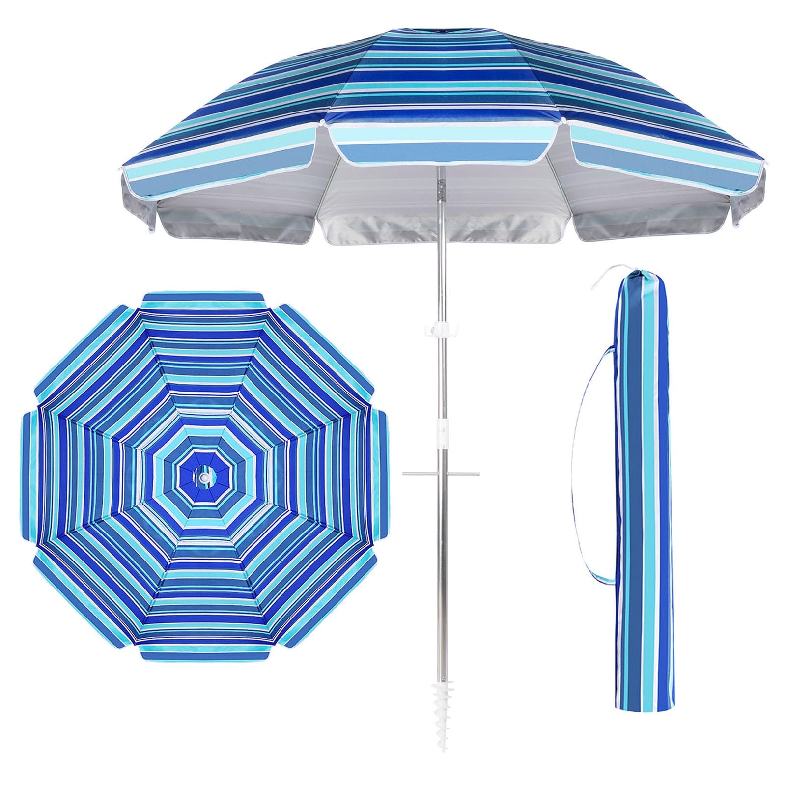 Gerrit Sombrilla de patio azul de 6.5 pies con inclinación Boho Paraguas de playa Protección UV 50+ Sombrilla de playa Altura ajustable Sombrilla de jardín Paraguas impermeable al aire li