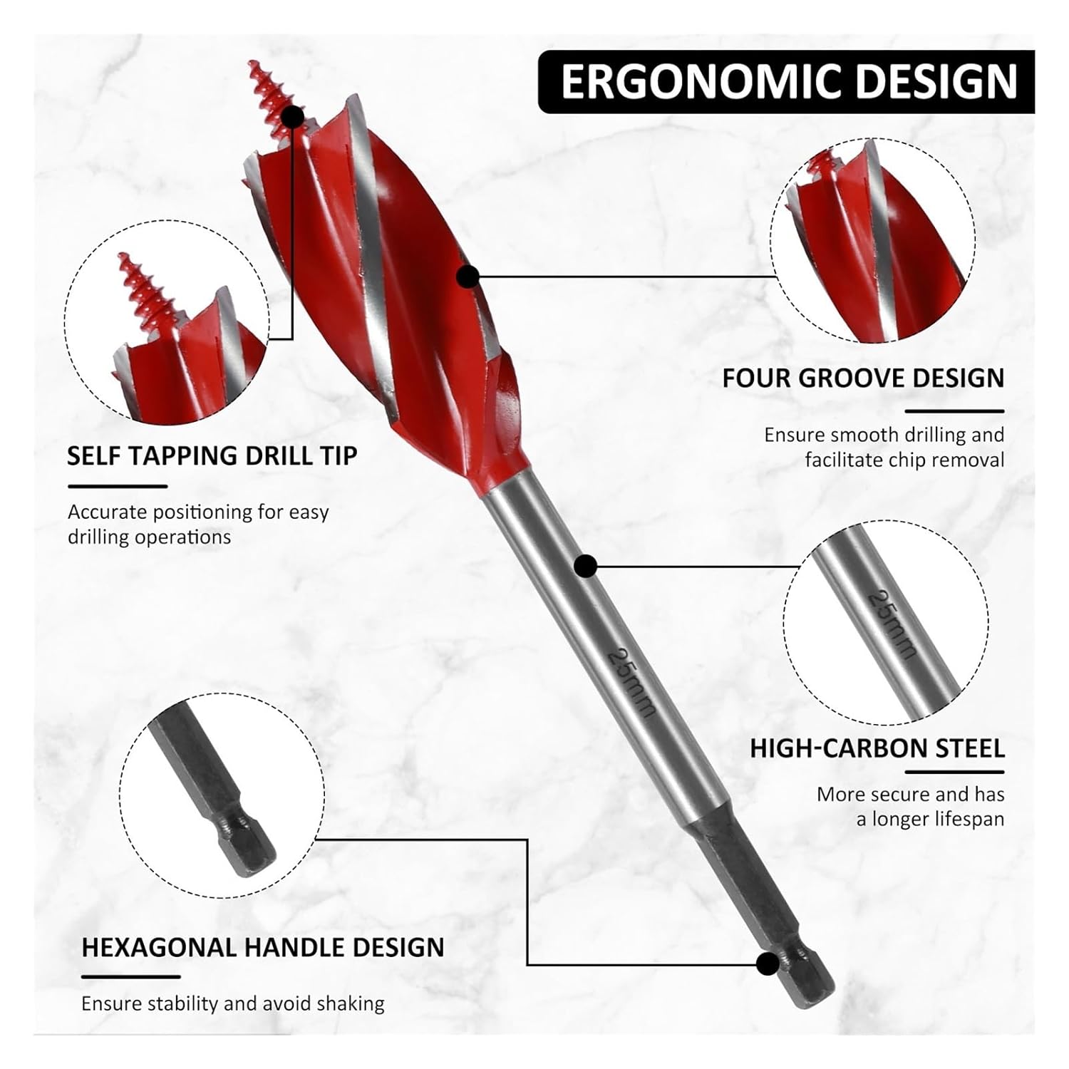 Woodworking Twist Drill Bit Set Four Slot Four Blade Woodworking Support Drill Auger Drill Bits 10-25mm Reaming Drill Bit(8PCS Type1)