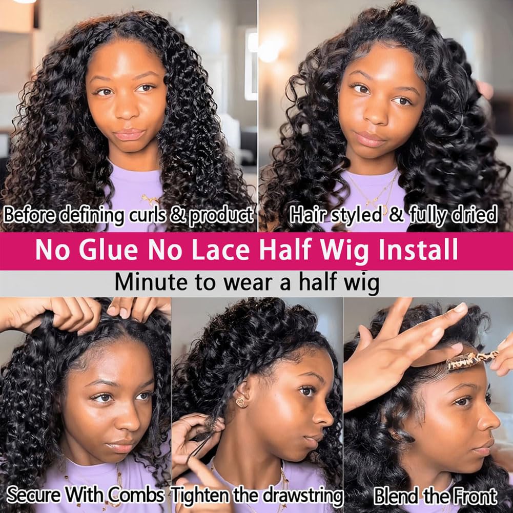 Half Wig Human Hair 200% Density Water Wave Glueless Wear and Go Wig with Adjustable String Seamless Flip Over Invisible Hairline Beginner Friendly Clip-In Headband Wig 16 Inch