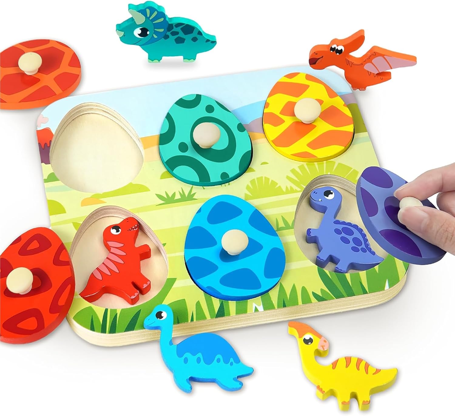 Dinosaur Wooden Puzzles for Toddlers 1-3 Year Old, Matching Eggs Peg Puzzle Gifts for Babies Fine Motor Skill Montessori Toys for Baby 12-18 Months Boys Girls Valentine Gift Easter Basket Stuffer Gift