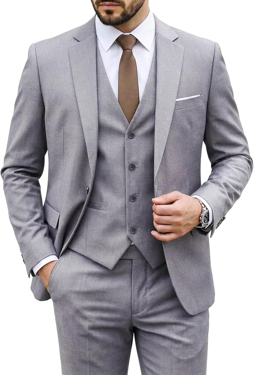 MY'S Conjunto de traje de 3 piezas para hombre con corbata, chaqueta lisa ajustada con un botón, chaleco y pantalones, trajes de negocios para fiesta de graduación y boda para hombre