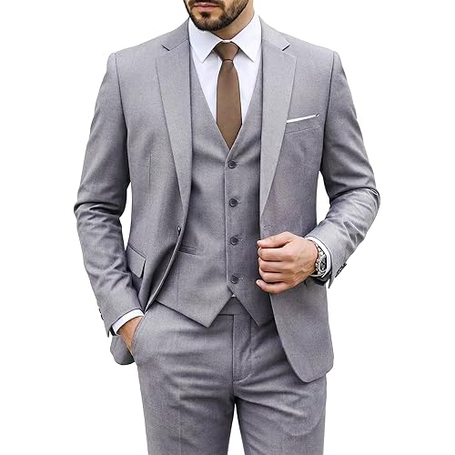 MY'S Men's 3 Piece Suit Set with Tie, One Button Slim Fit Solid Jacket Vest Pants, Prom Party Wedding Business Suits for Men