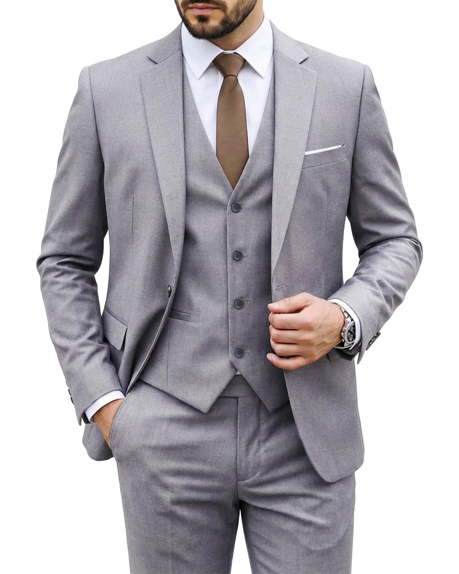 MY'S Men's 3 Piece Suit Set with Tie, One Button Slim Fit Solid Jacket Vest Pants, Prom Party Wedding Business Suits for Men