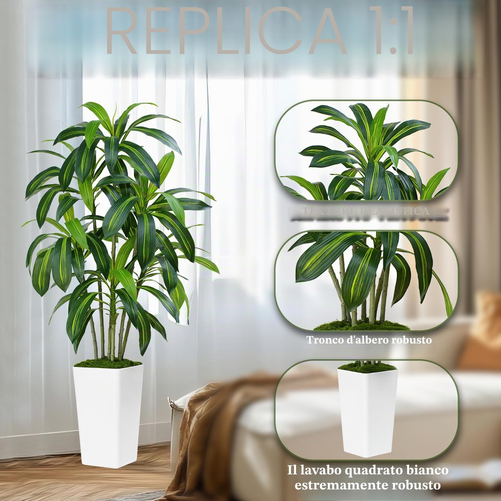 Pianta Artificiale Dracaena da 150cm Piante Finte da Interno Con Fioriera Alta Bianca Piante Artificiali da Esterno Per Soggiorno Camera da Letto Ufficio Casa Corridoio Decorazione (1Pz)