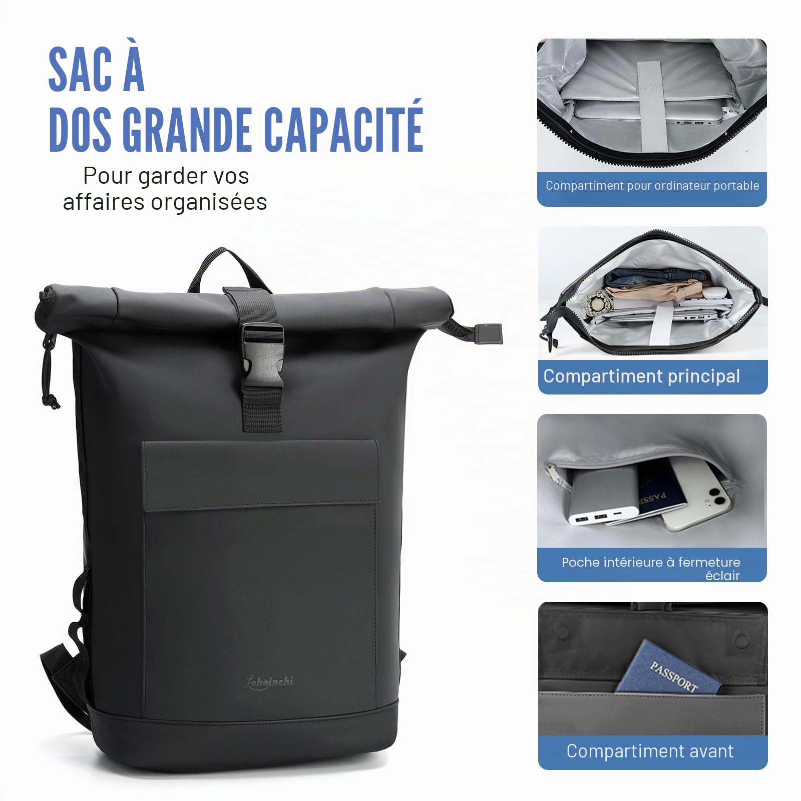 Lekeinchi Rolltop Sac à dos élégant pour ordinateur portable de 17 ", étanche, grand sac à dos de voyage, sac à dos d'école, pour les voyages, l'université, le travail
