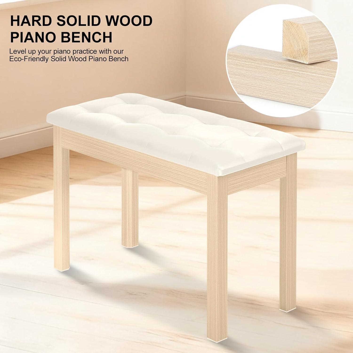 Duet Piano Bench with Storage - Wooden Solid Wood Piano Bench, Tufted Padded Keyboard Bench, Piano Stool & Piano Chair Seat Vanity Stool, Duet Double Piano Seat (Apricot)