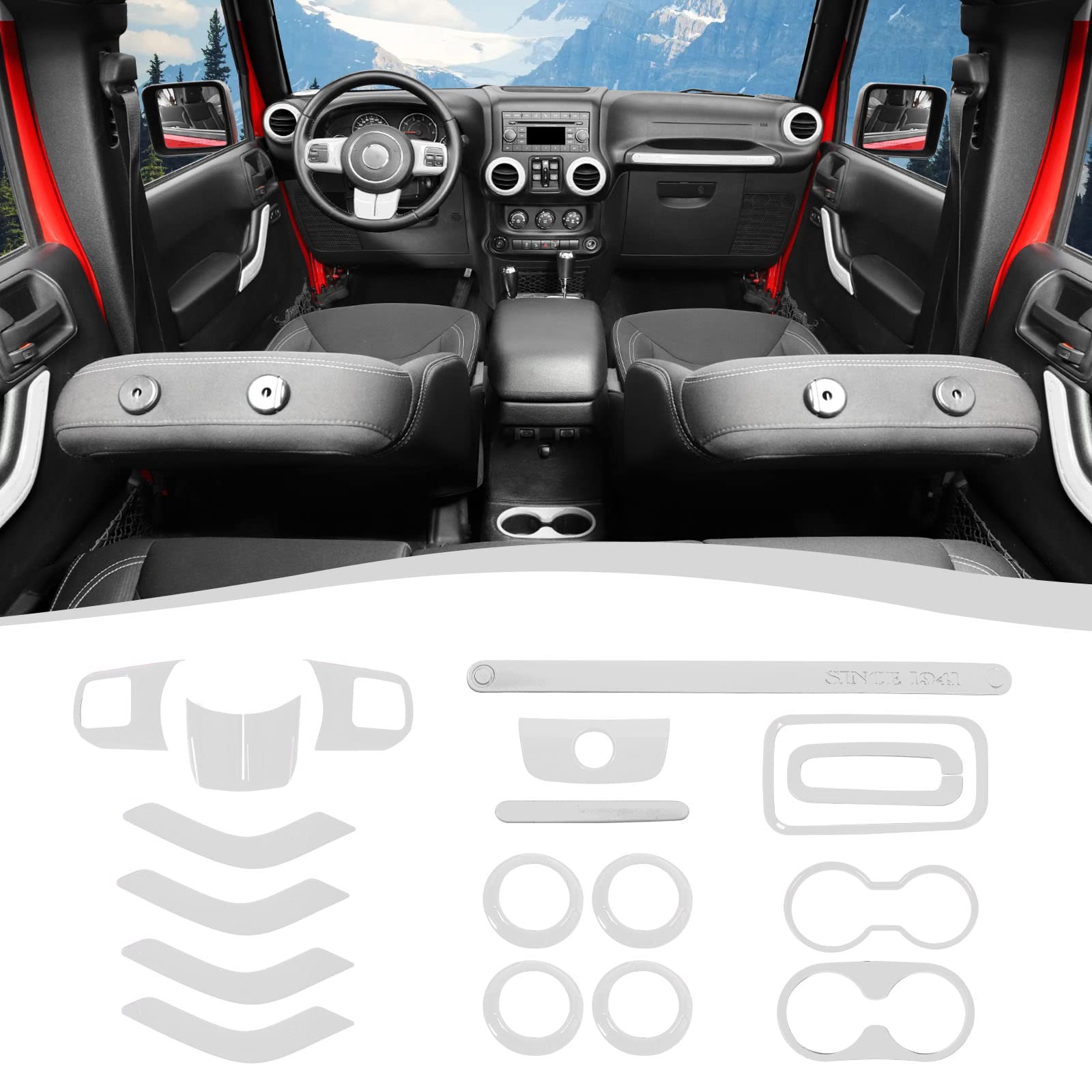 SQQP 18PCS Full Set Interior Trim Kit for Jeep Wrangler JK JKU 2011-2018 4 Door,Center Console Door Handle Side Outlet Cup Holder Gear Cover Trim (