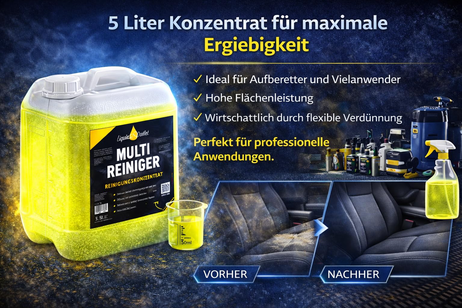 Liquid Outlet Multireiniger 4x 5L – Polsterreiniger Auto & Teppichreiniger – Kunststoffreiniger, Fleckenentferner & Autoinnenreiniger – Für Nasssauger & Blowguns geeignet – Made in Germany