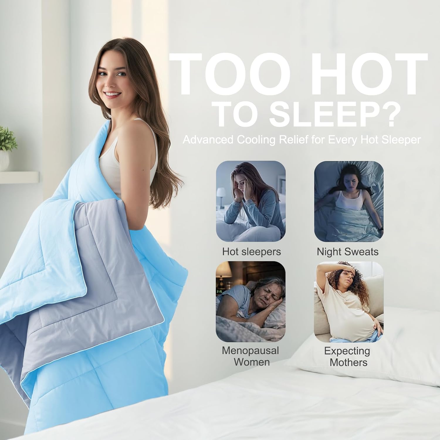 Cooling Blanket Queen Size – Double-Sided Cooling Comforter for Hot Sleepers & Night Sweats, Lightweight Summer Blanket,Soft,Breathable,Hypoallergenic,Oeko-TEX Certified, 90"x90", Blue & Grey