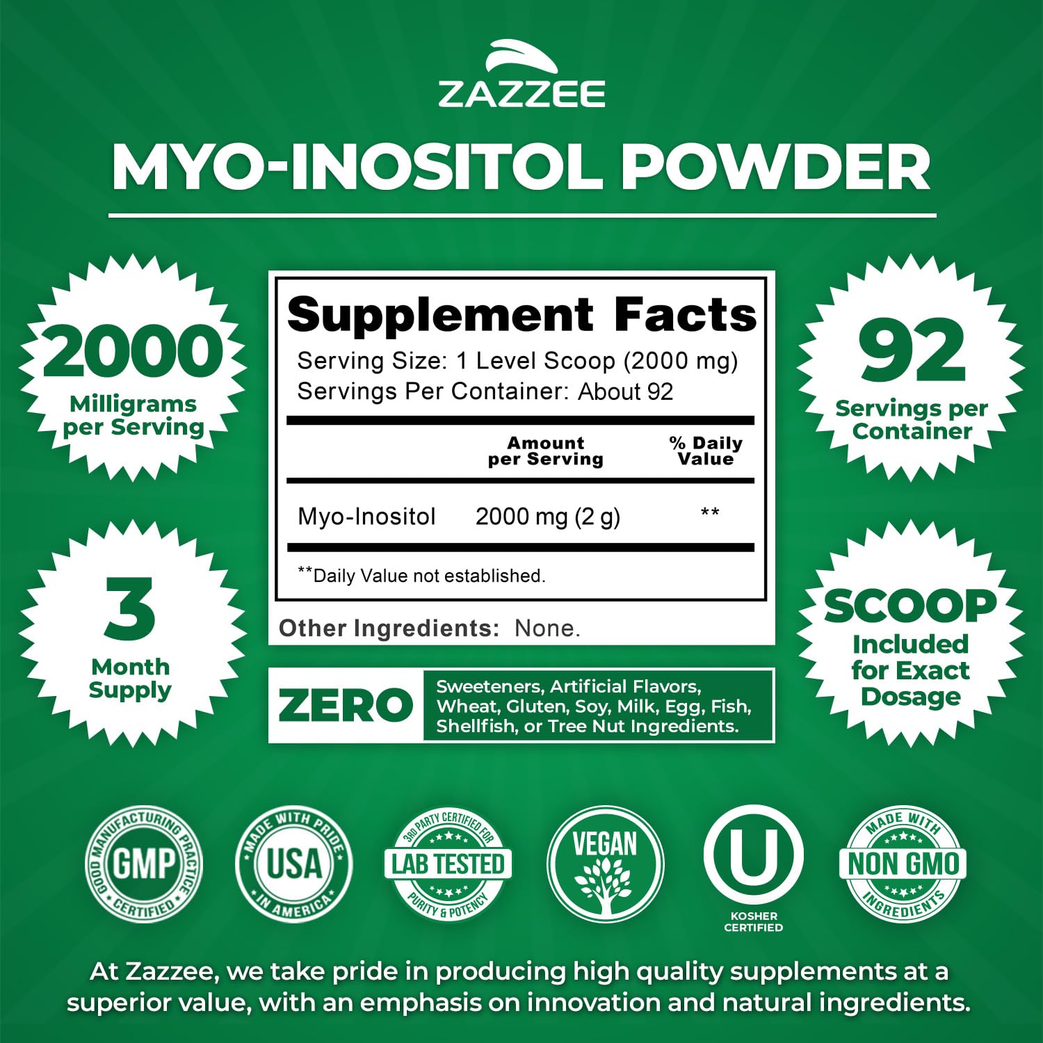 Zazzee Myo-Inositol Powder, 92 Servings, 2000 mg per Serving, 100% Pure — Amazon image 2