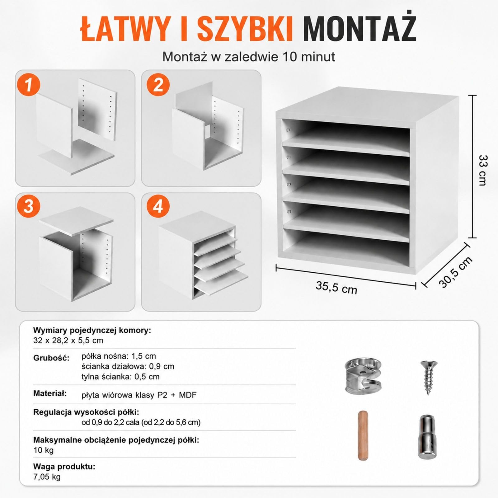 Biały sorter na dokumenty z 5 przegródkami, regulowane półki, taca na papier A4 do biura, domu i sali lekcyjnej