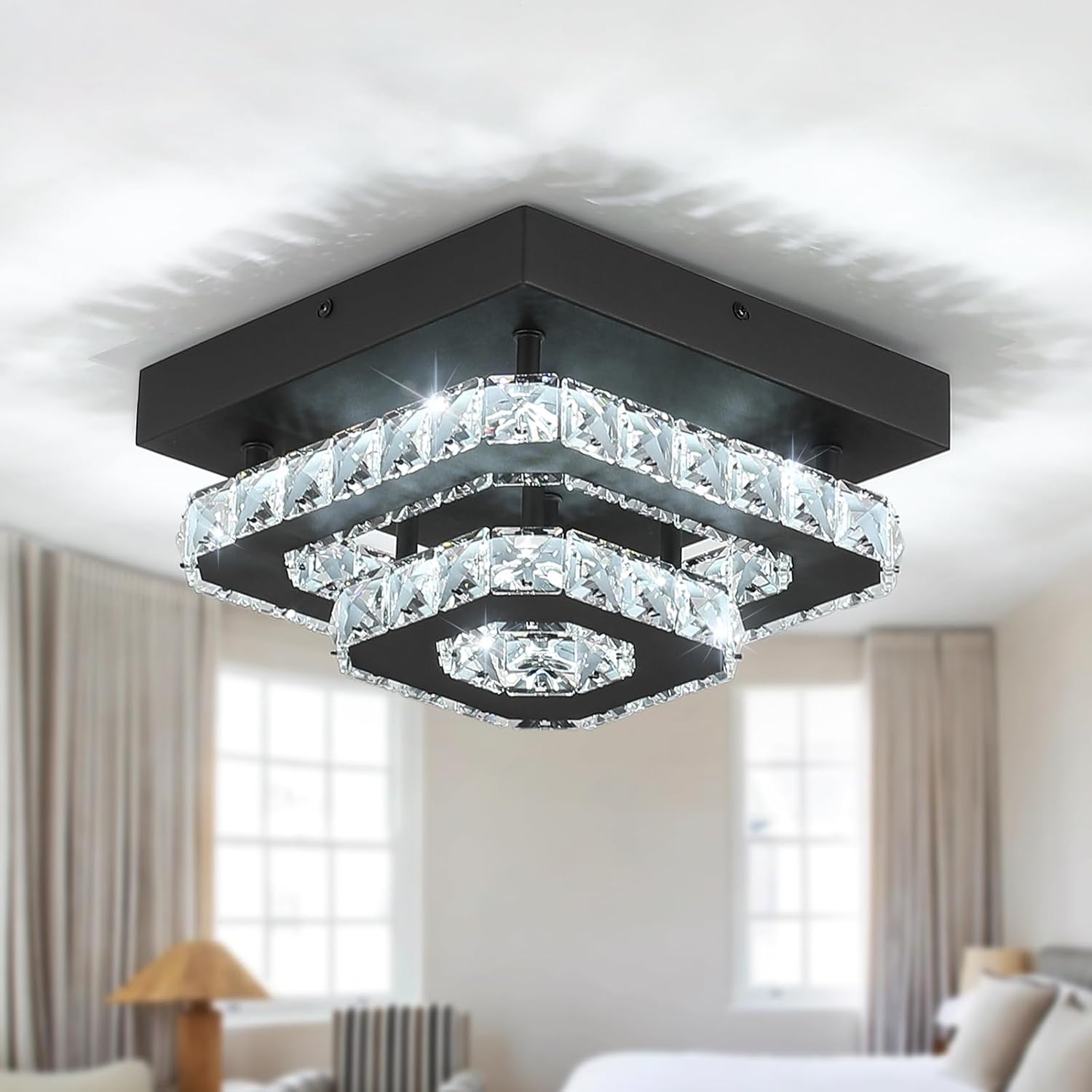 Small Square Crystal Chandelier Flush Mount Ceiling Light, 9.8” Surface Mount LED Fixture with Built-in Light, Gold Modern Ceiling Light for Bedroom, Hallway, Living Room 6000K