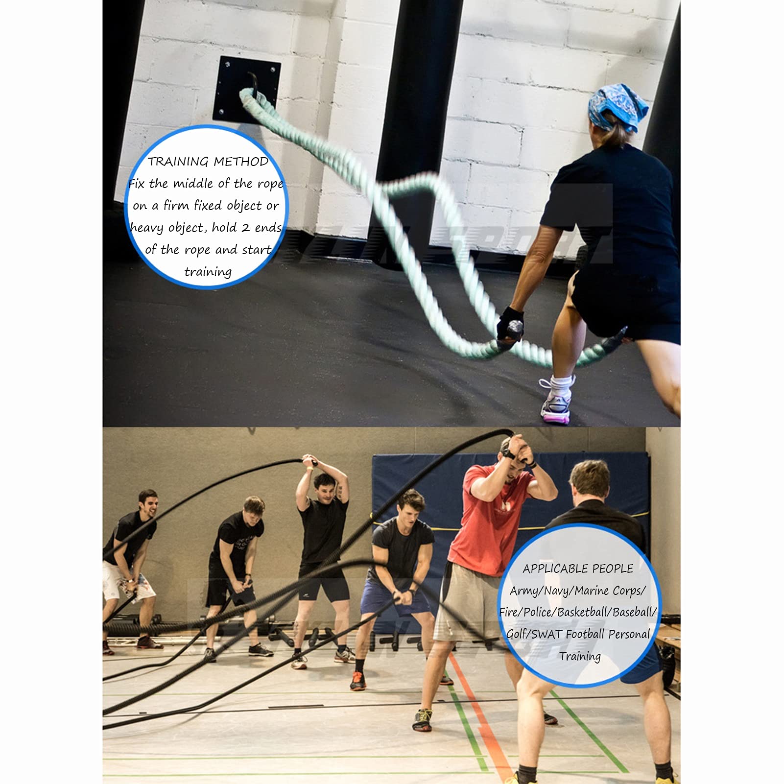 battle rope Corda per Allenamento Fisico, Corde Da Combattimento con Ancora In Acciaio e Cinghia, Corda per Esercizi In Poly Dacron per Il Fitness All'aperto a Casa, Allenamento di Gruppo Bootcamp