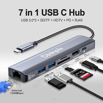 USB C Hub 7-in-1 Gigabit Ethernet Adaptor 4K@60Hz HDMI | USB-C to HDMI Adaptor - 100W PD LAN RJ45 2xUSB 3.0 TF/SD Card Reader USBC Dock for MacBook Air iPad Pro Samsung Laptop