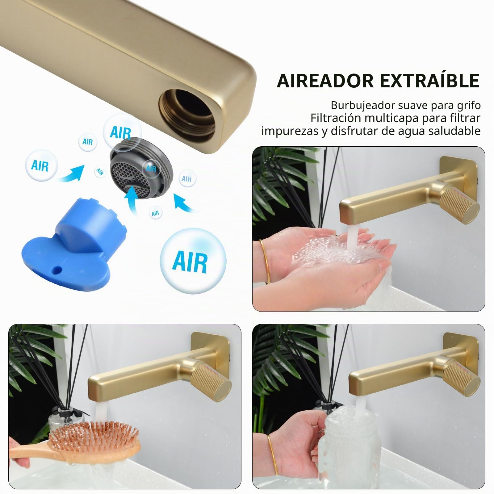 Grifo Lavabo Empotrado, Grifo de Pared Baño, Grifo Monomando Baño, Mezclador Agua Fría y Caliente, Dorado Cepillado, 8M4OK
