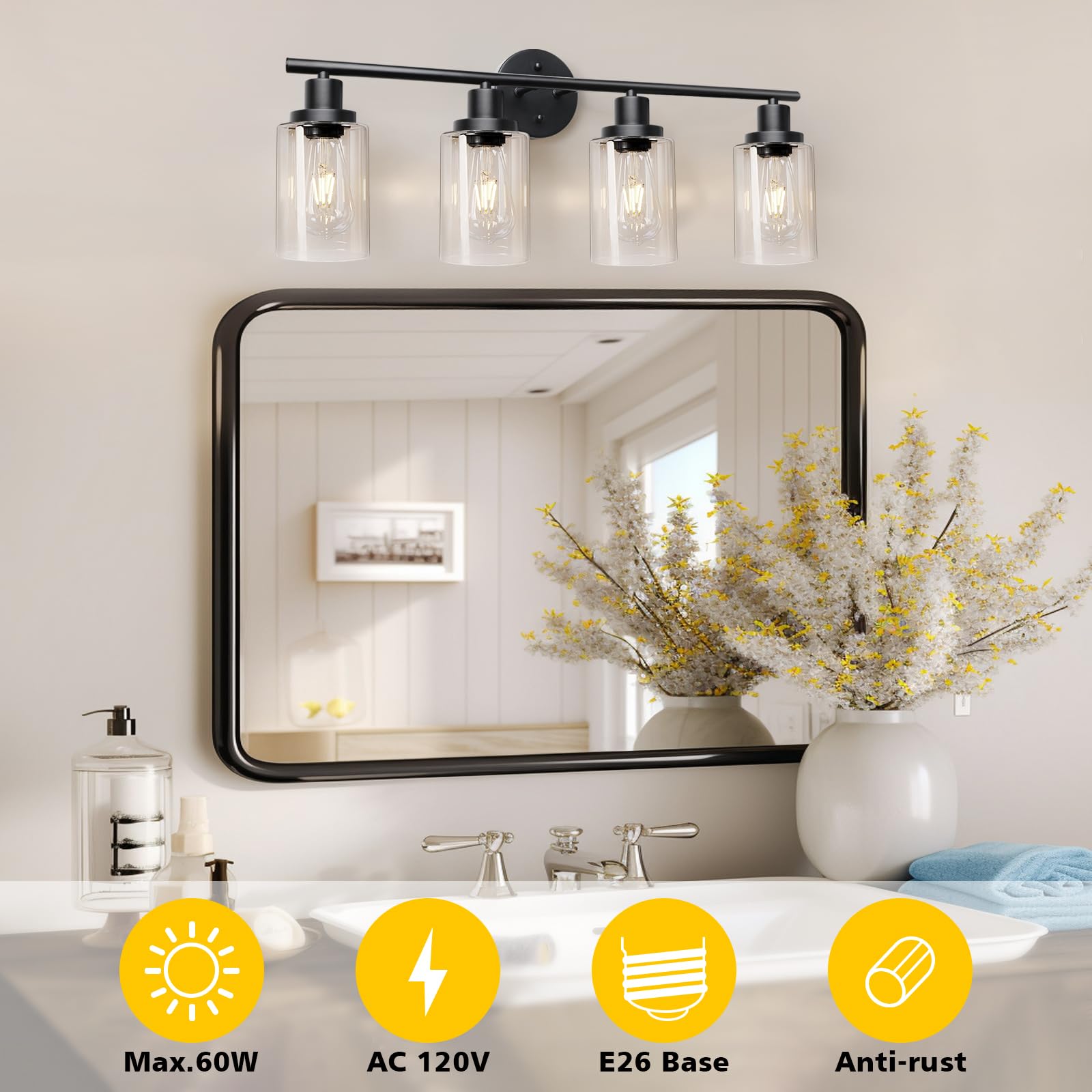Unicozin 4 Light Vanity Lights, Black Wall Sconce Light with Clear Glass, Bathroom Light Fixtures Over Mirror, Wall Light for Living Room, Bedroom, Hallway, E26 Base (Bulbs Not Included)