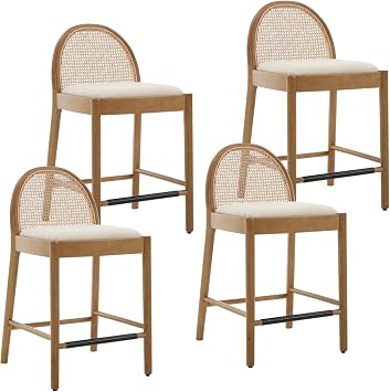 LukeAlon Modern Sherpa Counter Stools Set of 4, 26" Seat Height Low Bar Chairs with Wooden Legs Natural Rattan Cane Back Counter Height Barstools with Metal Footrest for Home Pub Kitchen, White
