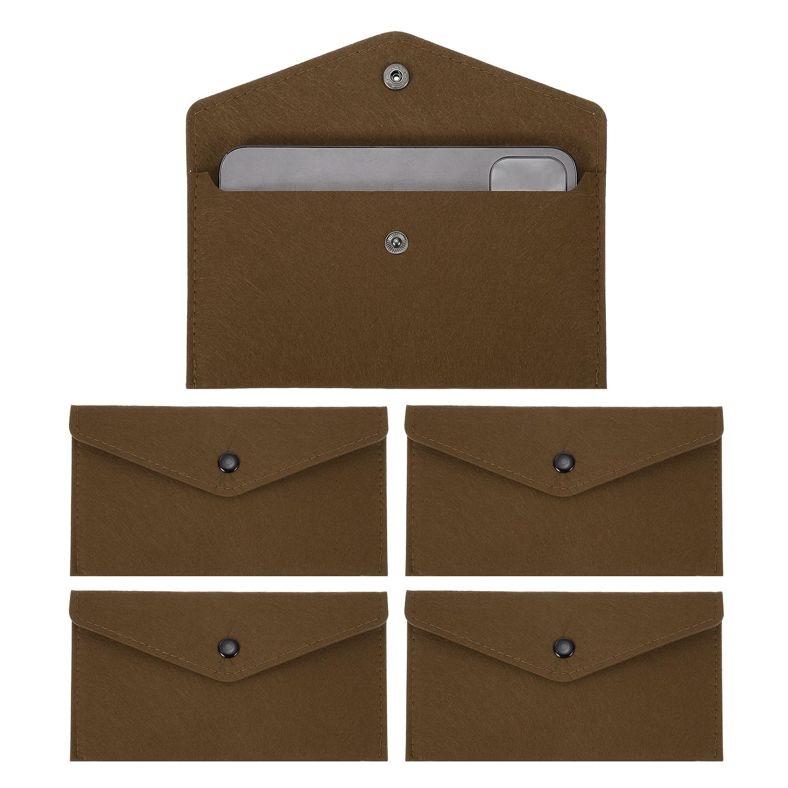 PATIKIL 5Pcs Felt Money Bag, Felt Cellphone Sleeve Case Pouch Cash Bag Button Closure Cash Envelope Wallet Storage Pouch for Card Pen Sunglasses, Dark Brown