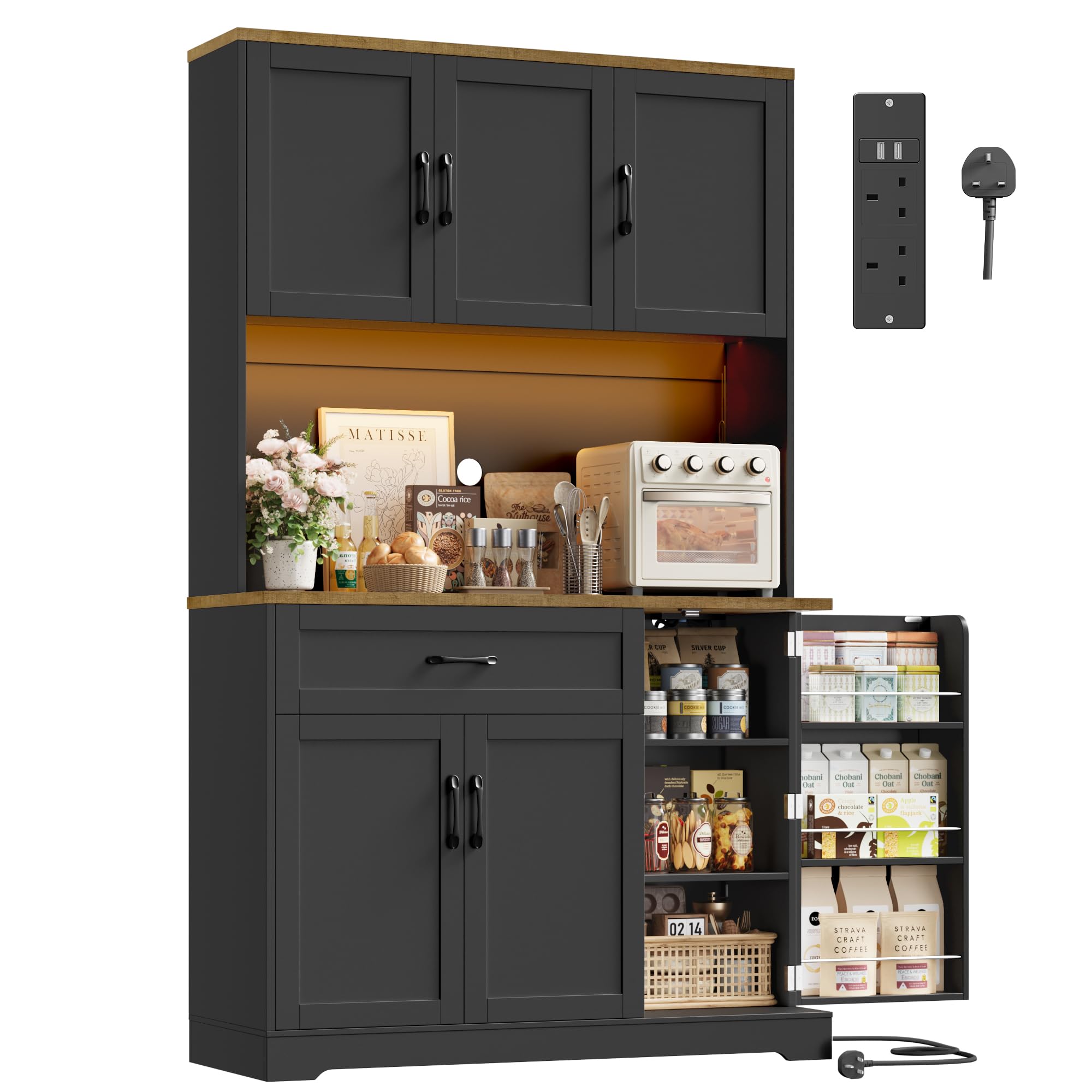 FirFurd Kitchen Cupboard Tall Kitchen Cabinets with LED & Power Outlet
