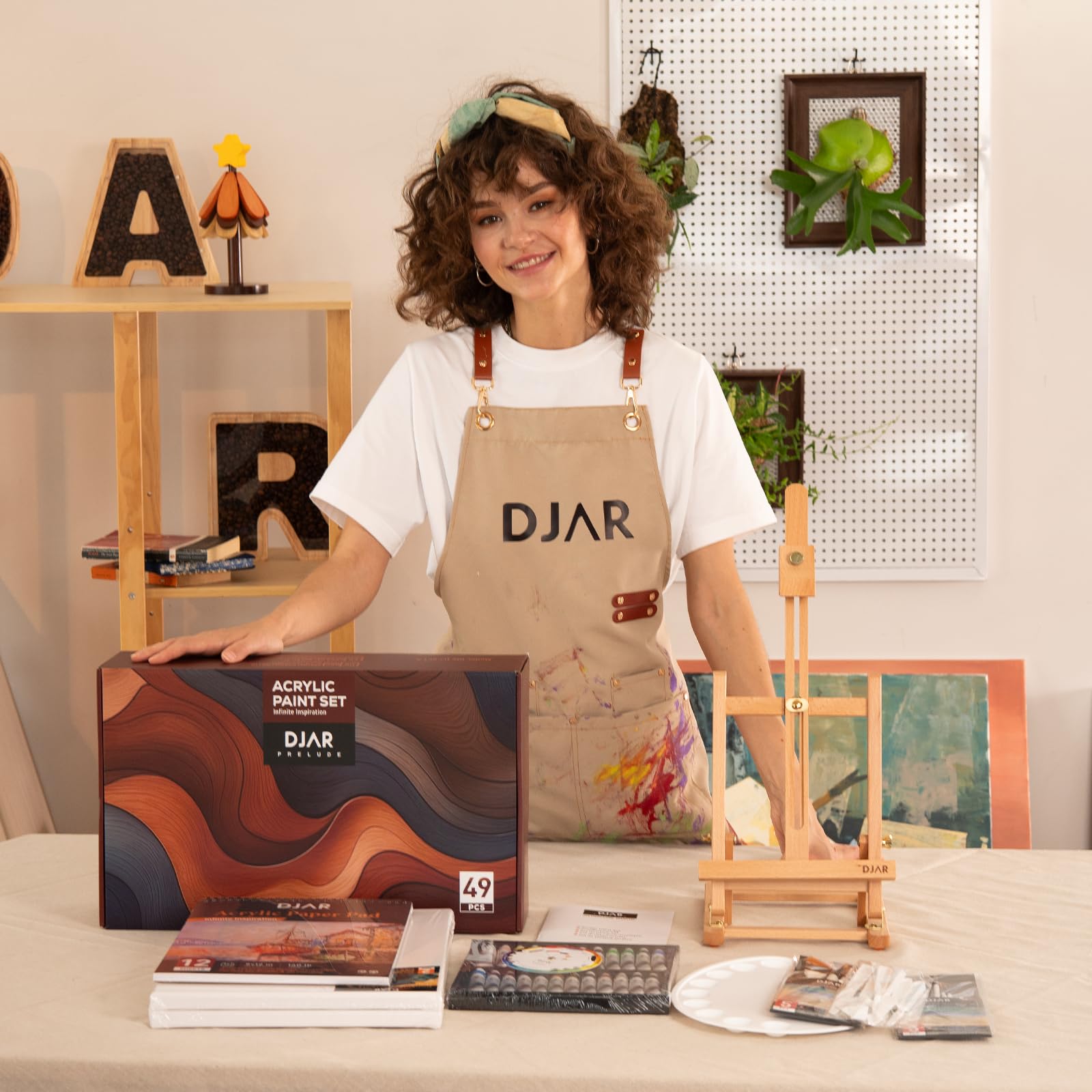 DJAR 49-teiliges Acryl Malset mit 64 cm Tischstaffelei, Verstellbares Buchenholz Malset mit 24 Farben, Leinwänden und Palette für Künstler