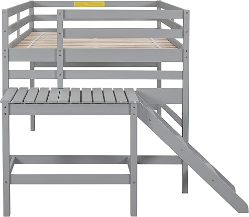 Miniatura 7 de CITYLIGHT Cama alta matrimonial con plataforma y escalera, cama baja de madera para niños, cama alta junior tamaño matrimonial con amplio espacio