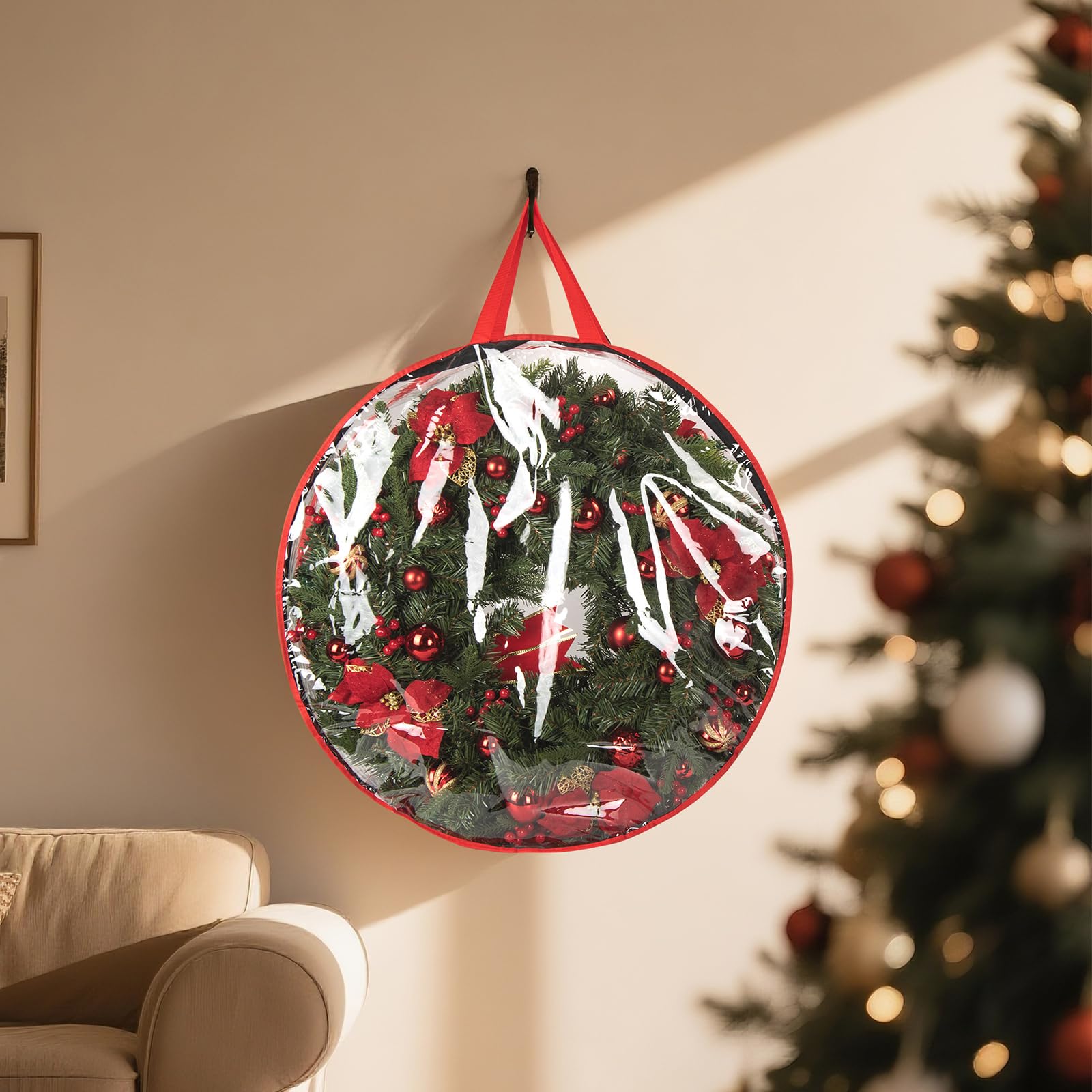 Confezione da 3 sacchetti portaoggetti per ghirlande natalizie, 76 x 20 cm, grandi, rotondi, in PVC trasparente con doppia cerniera, contenitore resistente per ghirlande, ghirlande e decorazioni