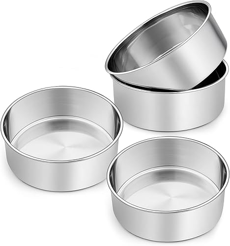 P&P CHEF Juego de 4 moldes redondos de acero inoxidable para tartas de 8 x 3 pulgadas, para cumpleaños, boda, no tóxico y resistente, acabado