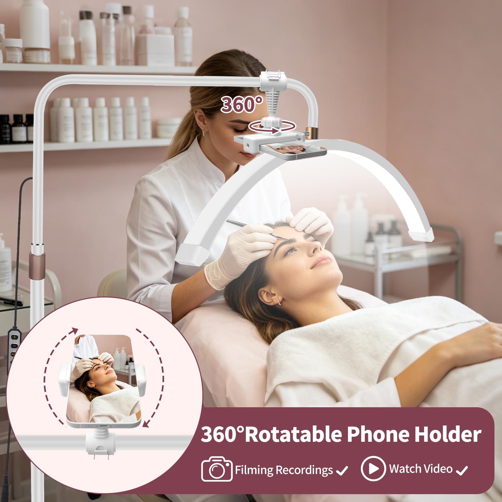 Diesisa Lampada Extension Ciglia Da Terra: LED Lampada Mezza Luna Ciglia con Porta Cellulare -Luminosità e Altezza Regolabili - Testa Girevole A 360° - Lampada Estetista per Ciglia/Manicure/Tatuaggi
