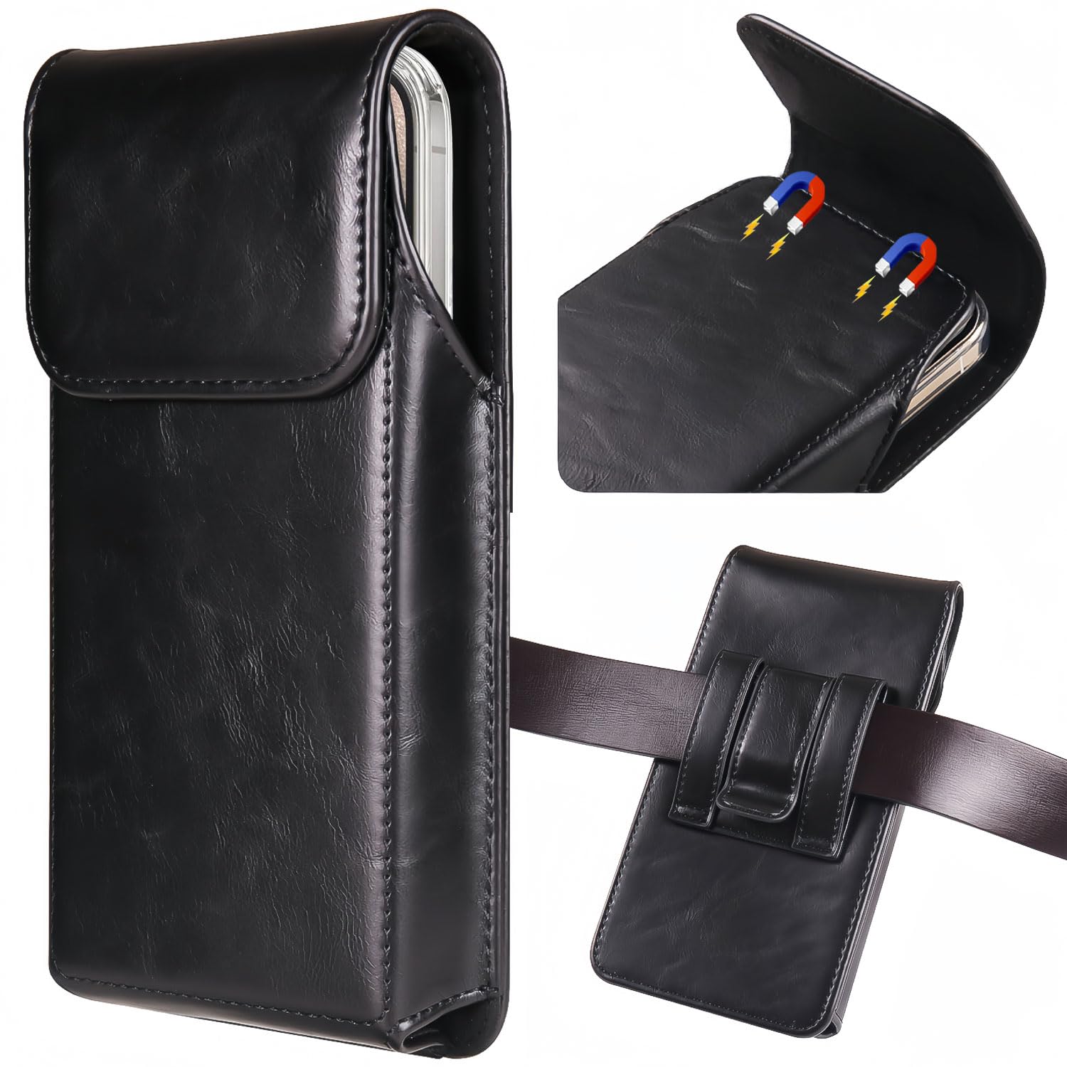 Phone Holster for iPhone 16/15/ 14/13/ 12/11 Pro Max, 16/15/ 14 Plus, Galaxy S25+/ 24+/ 23+/ 22+ Plus, Pixel 9/8/ 7, 9a/ 8a/ 7a, Leather Belt Pouch