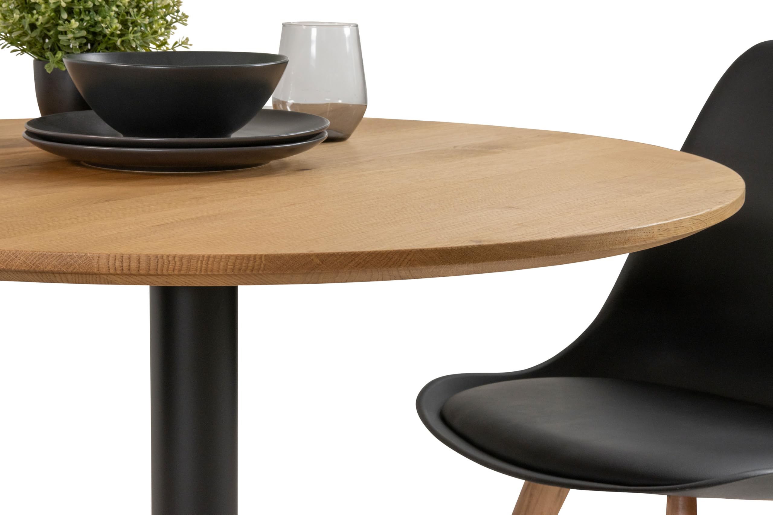 SAM Runder Bistrotisch Brasilian | 110 x 110 cm | Eichenholz massiv | Wildeiche geölt | Schweizer Kante | Säulen-Gestell Metall Schwarz | Holztisch/Säulentisch/Esstisch für Küche & Café