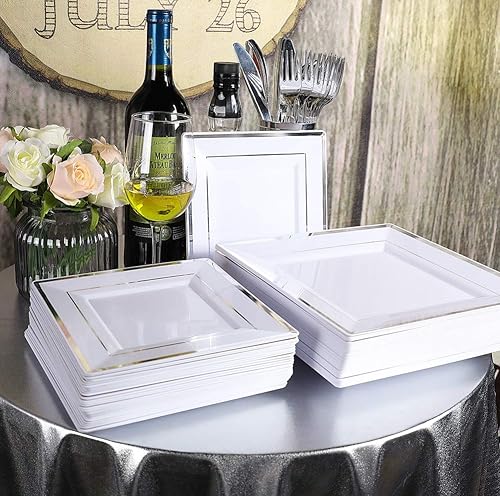 Miniatura 2 de I00000 - Paquete de 150 piezas, platos cuadrados, cubiertos y vasos desechables de plástico plateados que incluyen: 25 platos llanos, 25 platos de