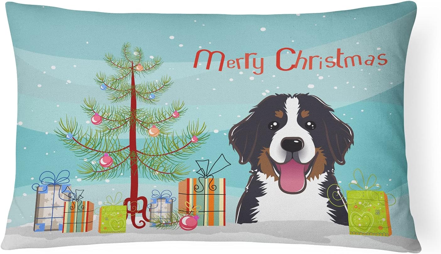 Caroline's Treasures BB1609PW1216 Christmas Tree and Bernese Mountain Dog Canvas Fabric Decorative Pillow Machine Washable, Indoor Outdoor Decorative Pillow for Couch, Bed or Patio, 12HX16W