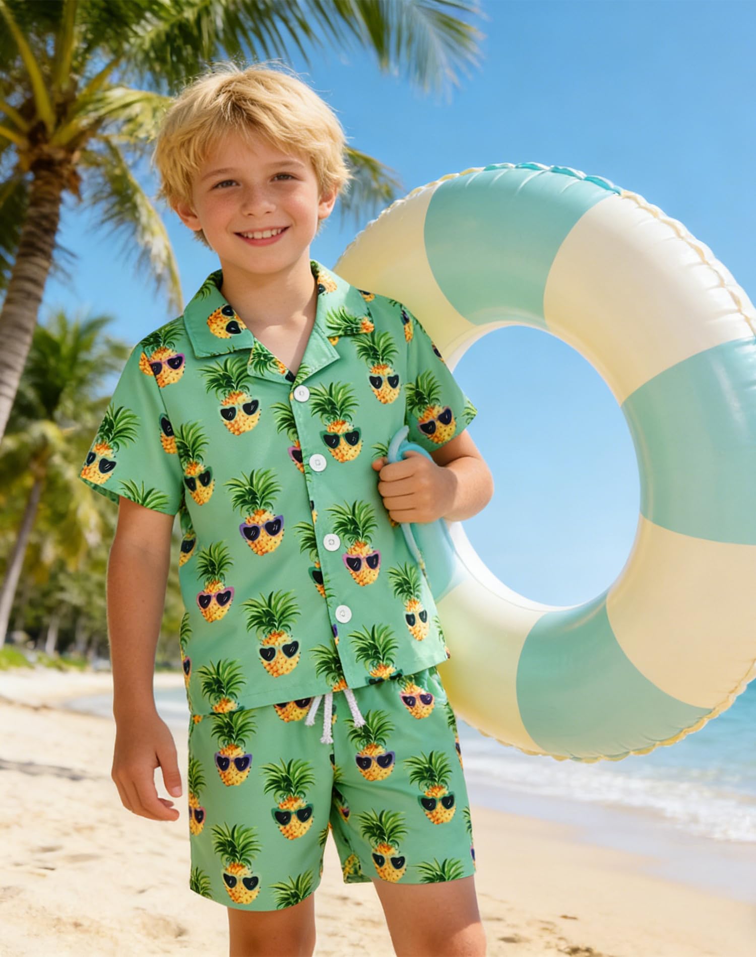 Zoerea Completo Hawaii Ragazzo, Set 2 pezzi Camicia + Pantaloncini, Camicia da Spiaggia con Bottoni + Pantaloncini per Bambini 4–10 Anni