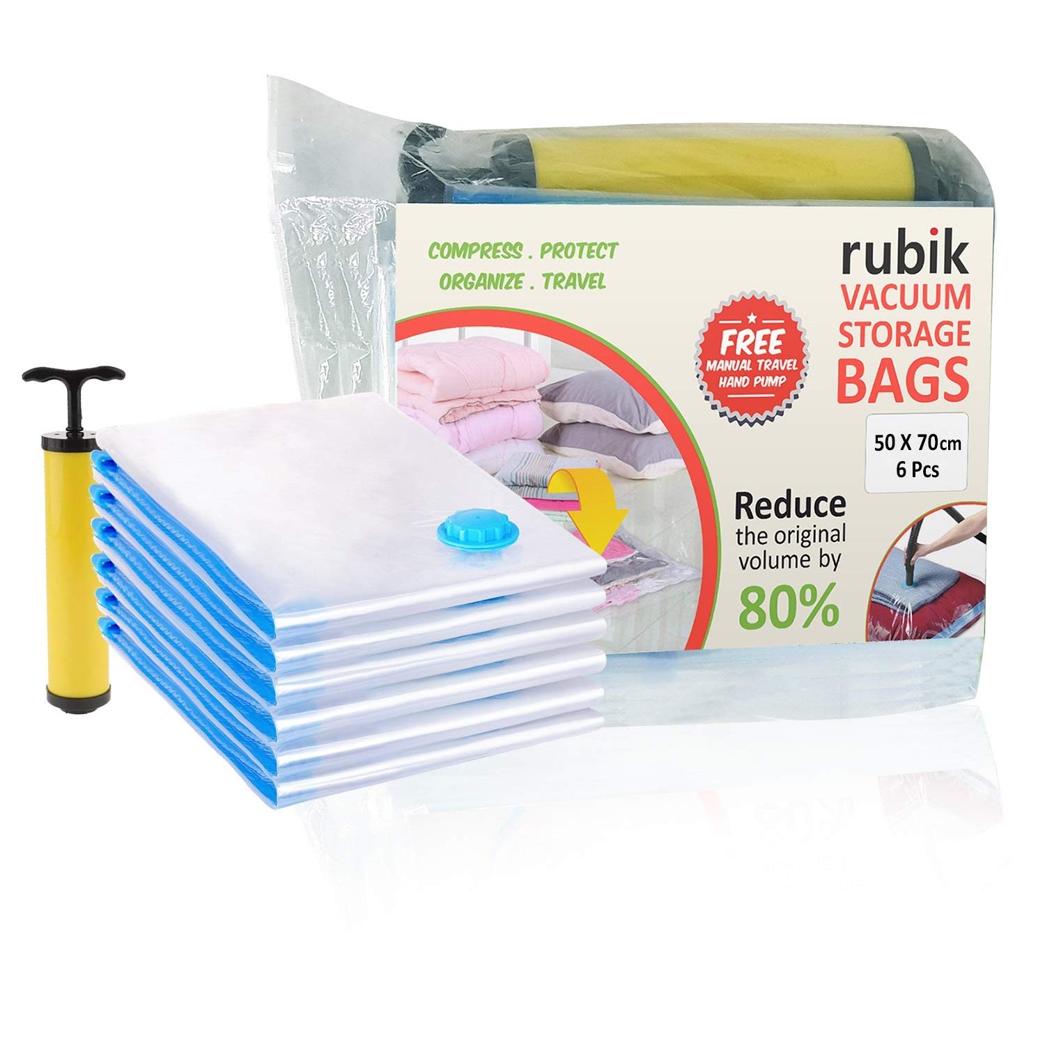 Rubik Space saver Vacuum Storage Bags (Works with Any Vacuum Cleaner and Hand-Pump for Travel) More Compression Than Normal Bag, Clear (6 Pack 50x70cm)