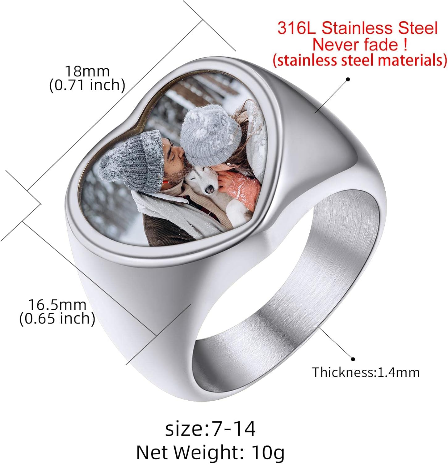 GOLDCHIC JEWELRY Custom Photo Rings for Men/Women, Stainless Steel Personalized Picture Engraved Bold Square Oval Heart Statement Ring in Black/Silver/Gold Color, with Gift Box (Size 7-14)