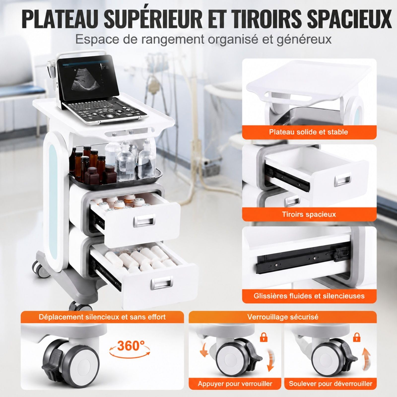 Chariot de Laboratoire à 3 Niveaux avec 2 tiroirs, Blanc, Chariot de Service pour Rangement et Transport