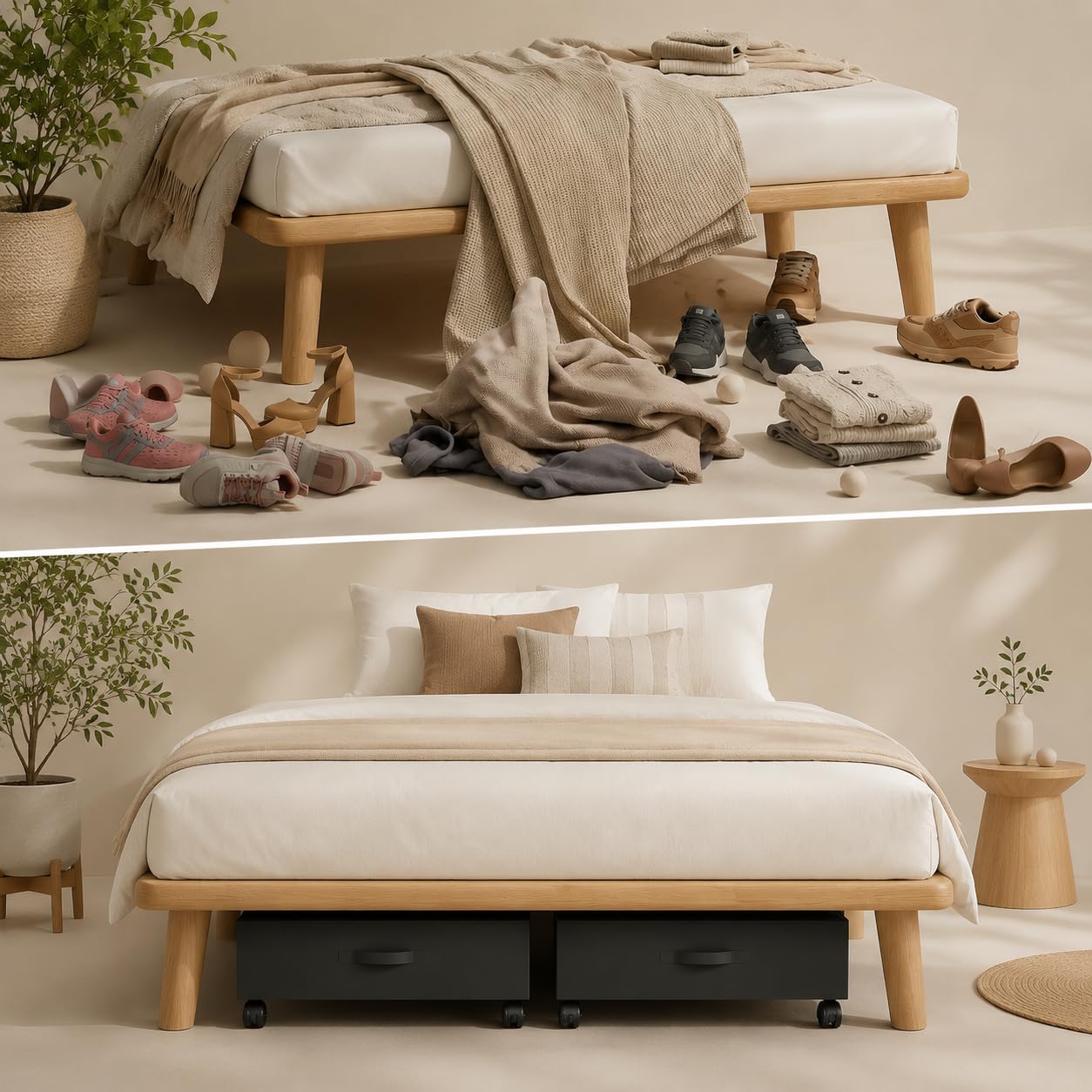 Scatole portaoggetti da 48 l, con ruote e coperchio con cerniera, pieghevoli, di grande capacità, per vestiti, biancheria da letto, scarpe e giocattoli, colore nero, confezione da 2
