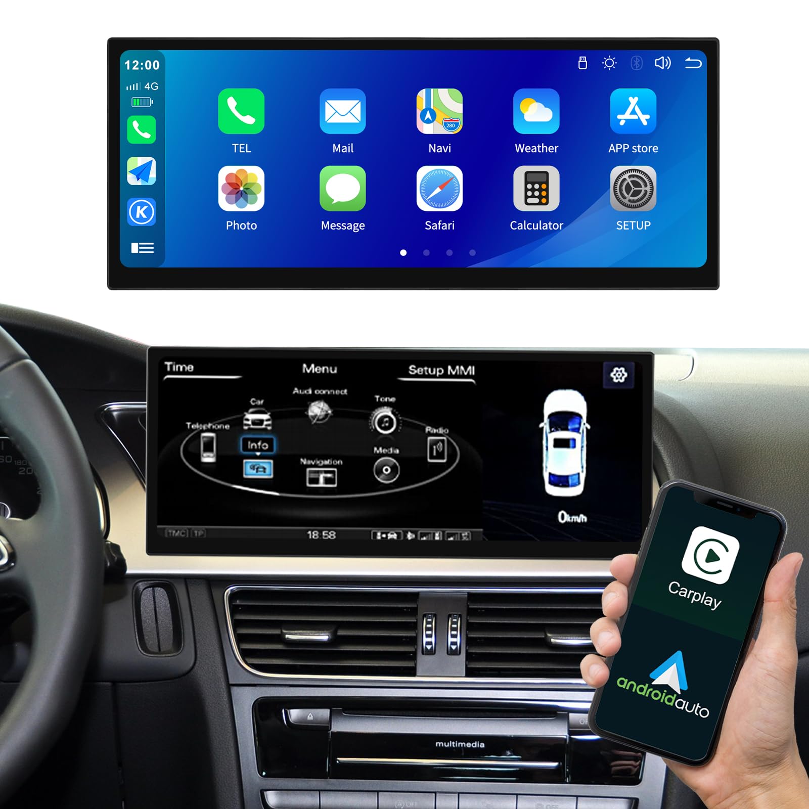 Schermo di aggiornamento display stereo per auto da 12,3 pollici per Audi A4/A5 2009-2016 con supporto sistema 3G MMI Wireless Carplay/Android Auto/Siri/Mirrorlink/GPS Car Multimedia