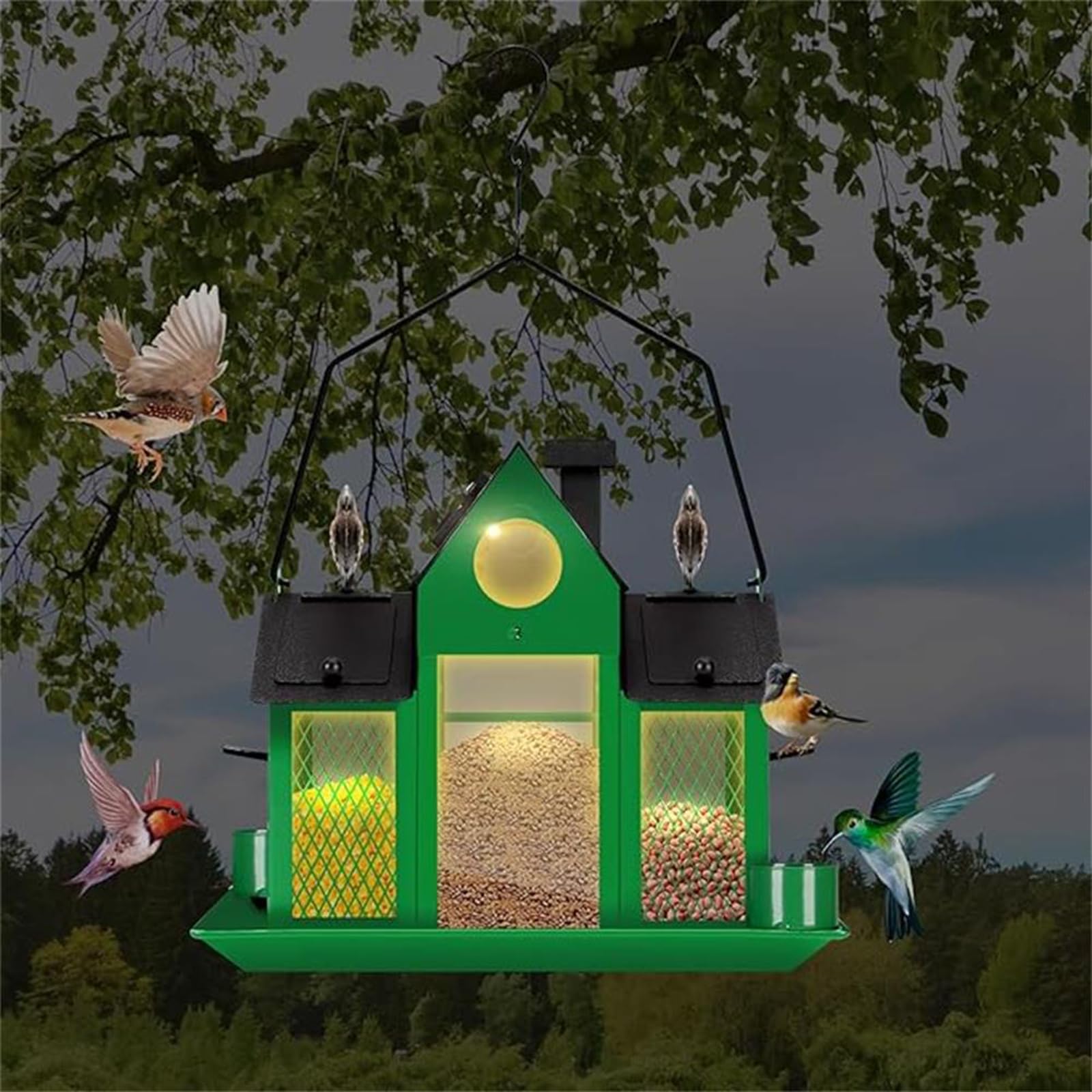 Comedero para pájaros de gran capacidad para exteriores con doble jaula de sebo con energía solar, comedero para pájaros silvestres para atraer a varios pájaros