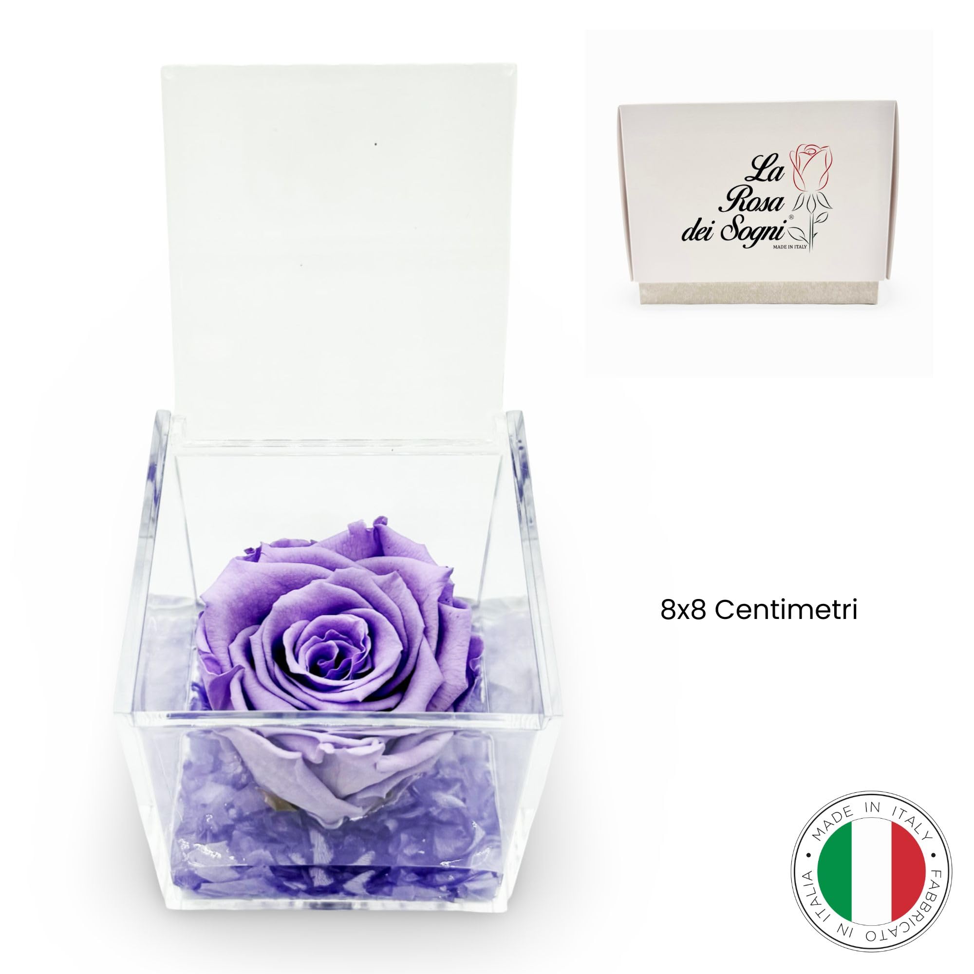 La Rosa dei SogniRosa stabilizzata profumata in Cubo Trasparente - Confezione Regalo Elegante - Durata 5-7 Anni - Made in Italy - 8x8 cm (Lilla)