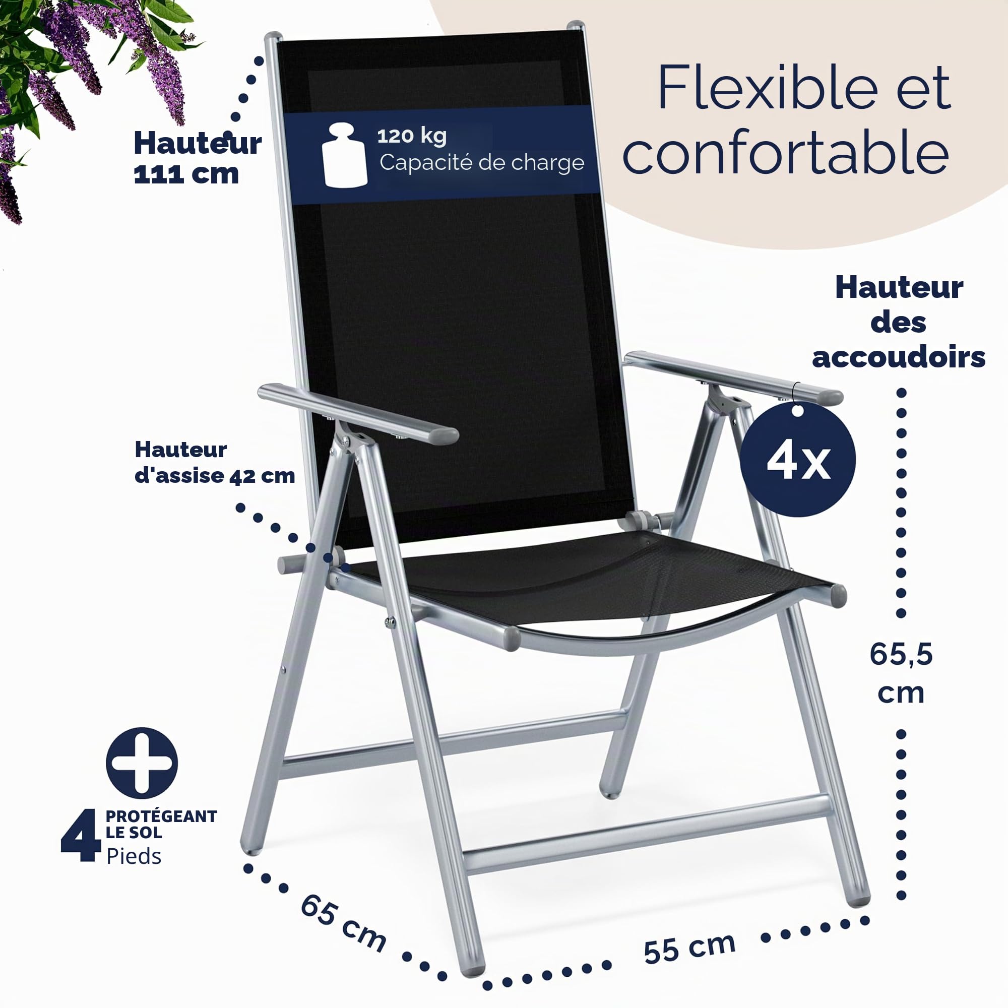 Casaria 4X Chaises de Jardin à Dossier Haut Argent Aluminium Pliable résistante intempéries Dossier réglable 8 Positions accoudoirs 120kg