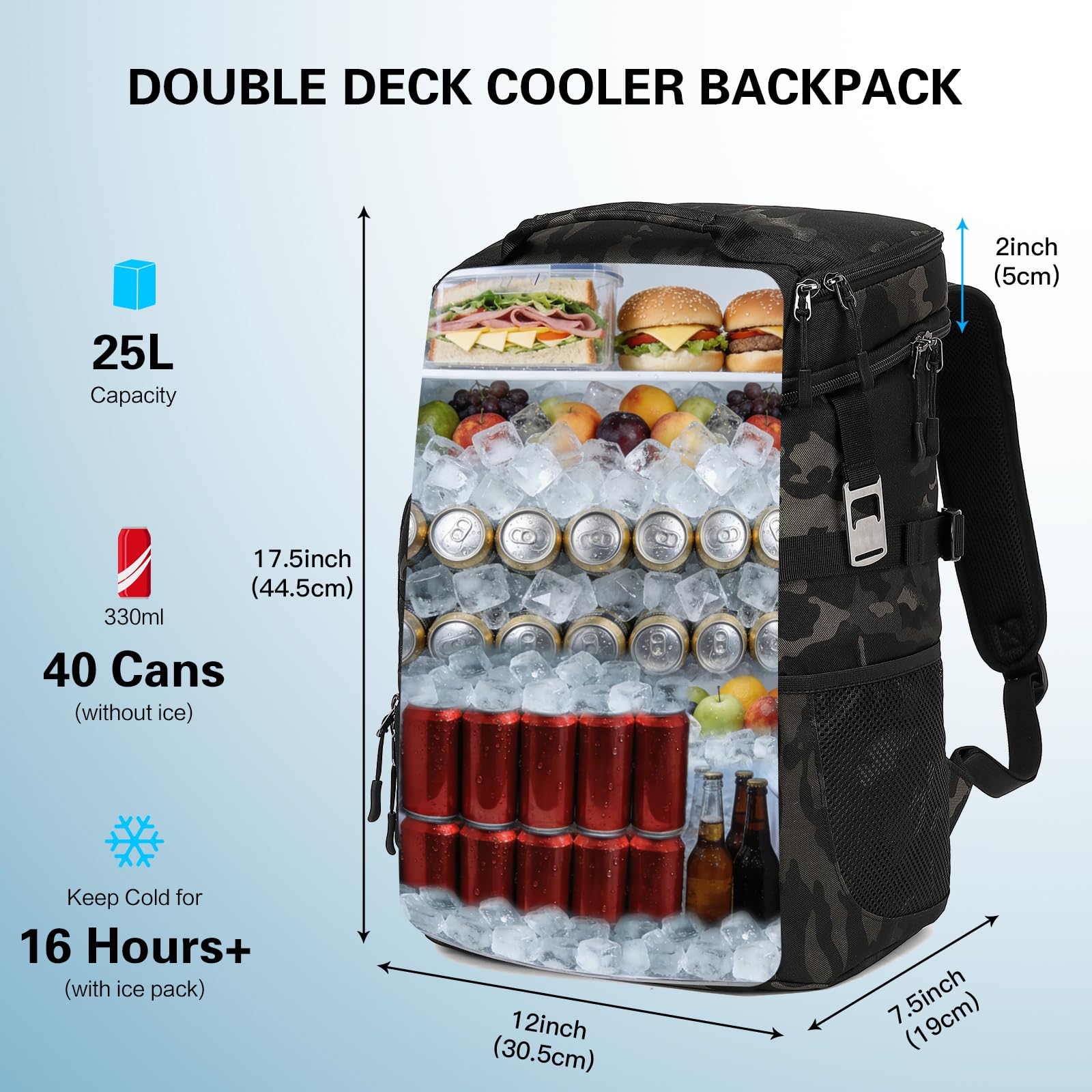 Kühlrucksack 25L Taktischer Kühltasche Rucksack Isolierte Auslaufsicher Kühl Thermo Rucksack mit Flaschenöffner Hält 40 Dosen Picknickrucksack für Camping, Strand, Mittagessen