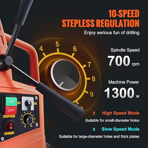Miniatura 4 de VEVOR Taladro magnético, 1300 W 1.57 pulgadas de diámetro, máquina de perforación de 700 rpm, 2922lbf13000N Prensa eléctrica portátil con velocidad