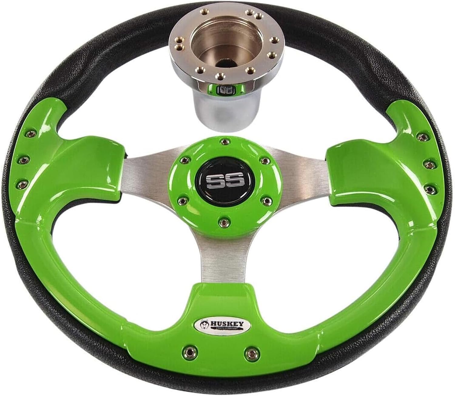 Huskey 12.5 Inch Lime Green Golf Cart Steering Wheel for Club Car Precedent, Tempo & Onward 2004-Up Gas & Electric Models, Classic Super Sport Center Logo, Brushed Aluminum Spokes and Anti-Slip Grip